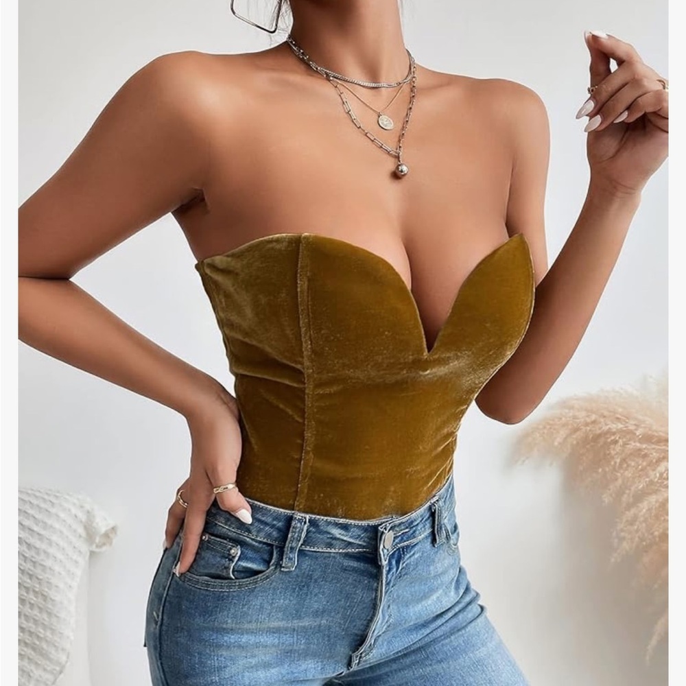 Sexy Velvet Strapless Bodysuit  Vintage Deep V Neck Lace Up Cross Back khaki M